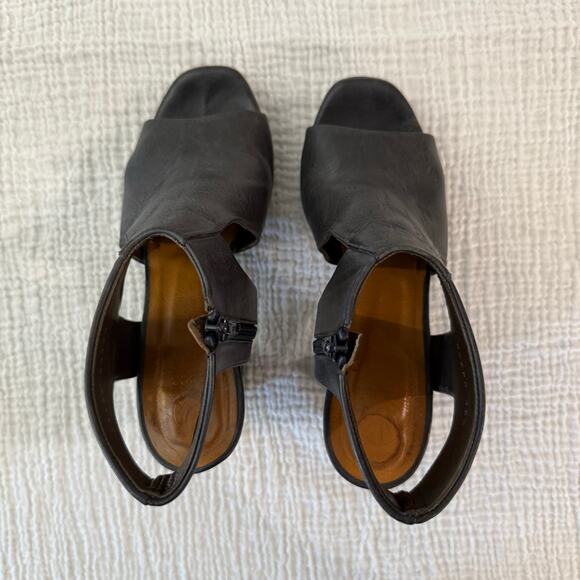 Coclico Platform Wood Heels Size 36.5 Dark Gray Blue Leather Cut Out Open Toe - Picture 5 of 15